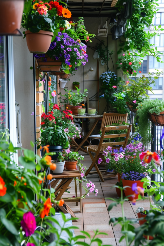 Un balcon urbain rempli de fleurs colorées en pots et jardinières, avec des chaises en bois pour se détendre.