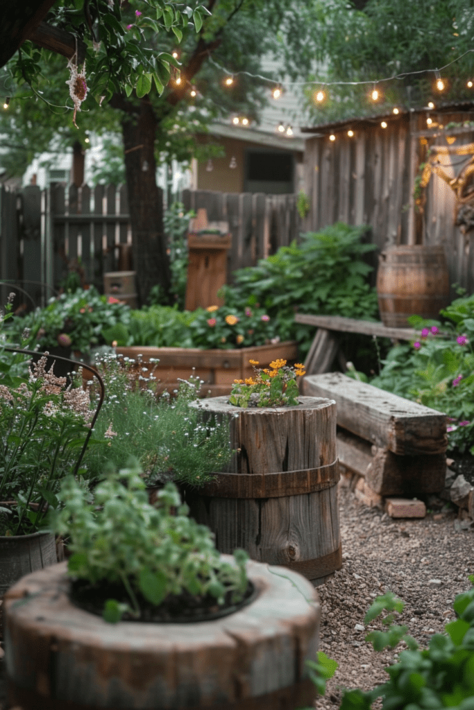 Un charmant petit jardin urbain avec des meubles en bois rustiques, des fleurs et des plantes, et des guirlandes lumineuses.