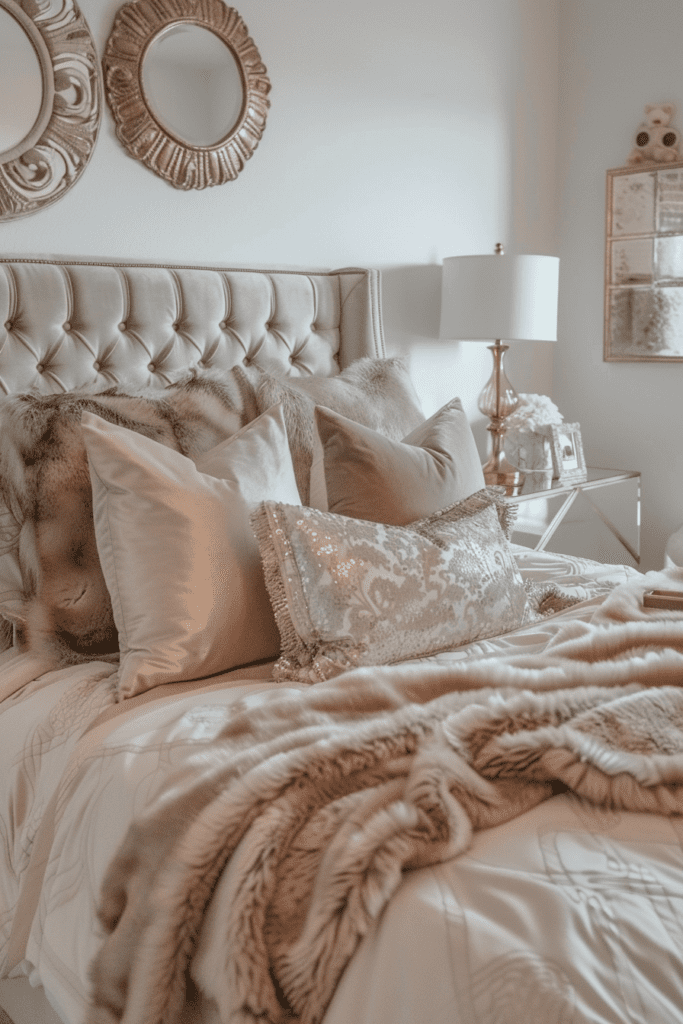 Chambre à coucher élégante avec des tons neutres, un lit avec des coussins en soie et en fourrure, et des miroirs décoratifs muraux.