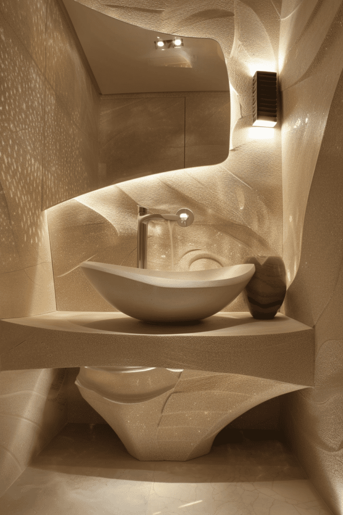 Élégante salle de bain beige avec lavabo sculpté et éclairage artistique.