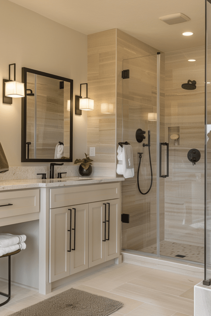 Salle de bain beige contemporaine avec accents noirs et douche vitrée.