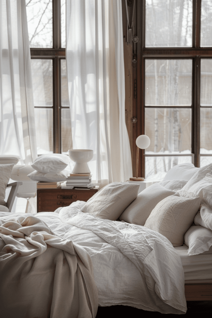 Chambre à coucher lumineuse avec des draps blancs, des coussins doux, et de grandes fenêtres laissant entrer la lumière naturelle.