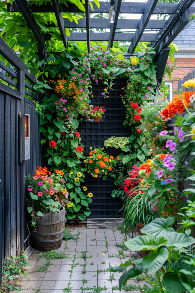 Un jardin vertical luxuriant avec des fleurs colorées et des plantes grimpantes, aménagé dans un petit espace urbain.