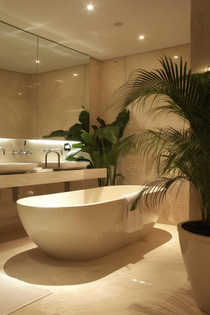 Luxueuse salle de bain beige avec des finitions modernes, éclairage tamisé, et plantes vertes.