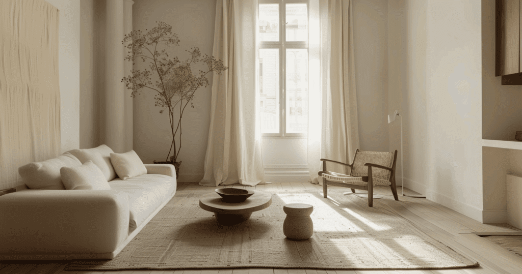 Un salon minimaliste en beige et bois, avec un canapé blanc, une table basse en bois, et une chaise en rotin.