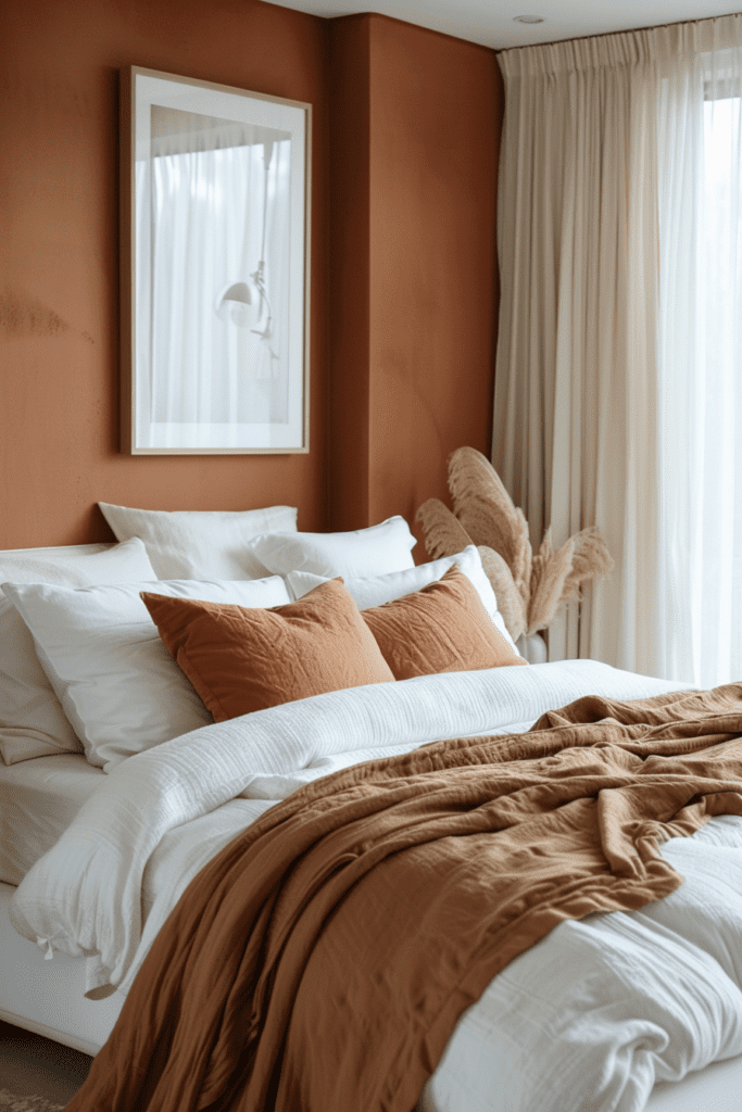 Chambre à coucher moderne avec murs terracotta, draps blancs et oreillers assortis, et des rideaux légers.