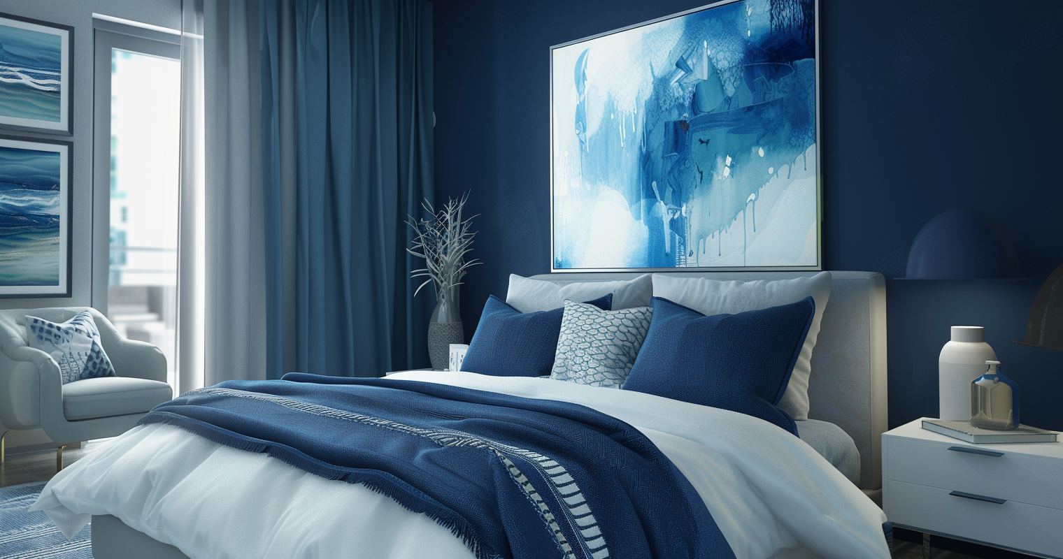 Chambre à coucher moderne et cosy avec des nuances de bleu, des murs bleu marine, un lit avec des draps blancs et un plaid bleu, et des tableaux d'art abstrait.
