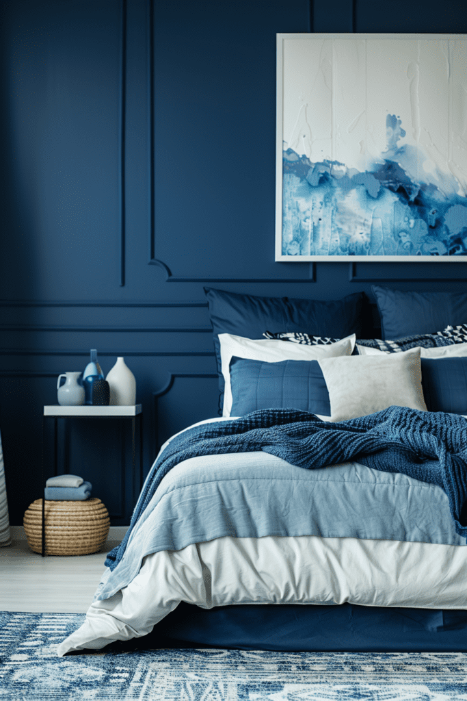 Chambre à coucher chic et cosy avec des nuances de bleu, un lit avec des draps blancs et bleus, et des œuvres d'art abstrait.