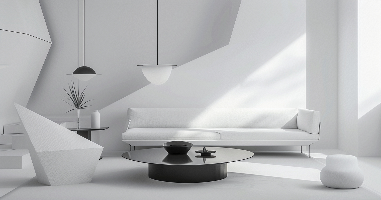 Un salon minimaliste moderne avec un canapé blanc, une table basse noire, et des accents géométriques.