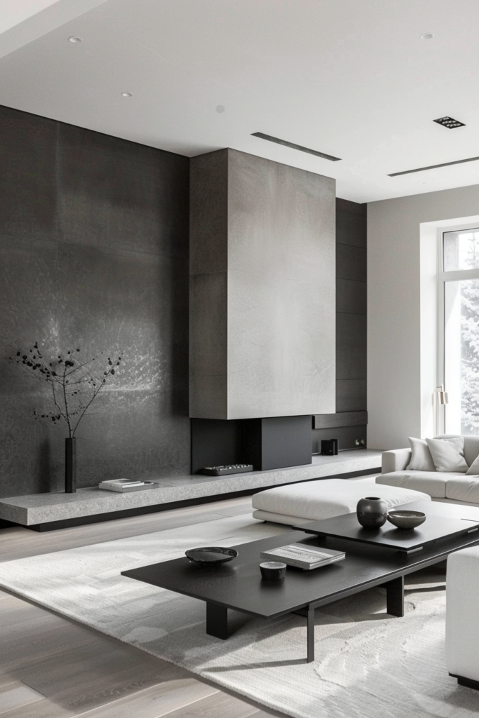 Un salon minimaliste moderne avec des éléments noirs et gris, incluant un canapé blanc, une table basse noire, et une cheminée design.