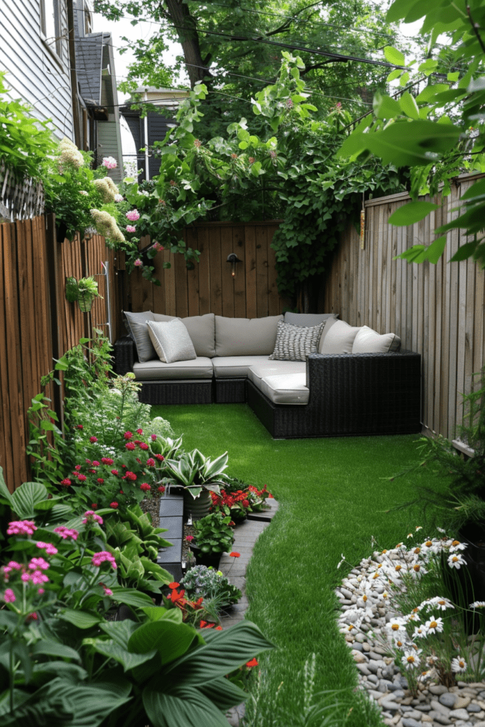 Un petit jardin urbain avec des plantes en fleurs, une pelouse artificielle, et un coin détente avec un canapé extérieur.