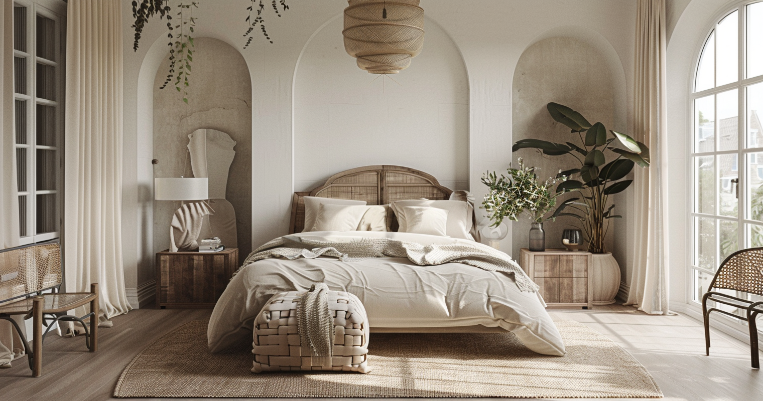 A chic bohemian bedroom with elegant furnishings, neutral tones, and natural textures, featuring a wooden bed, cozy bedding, and lush green plants.