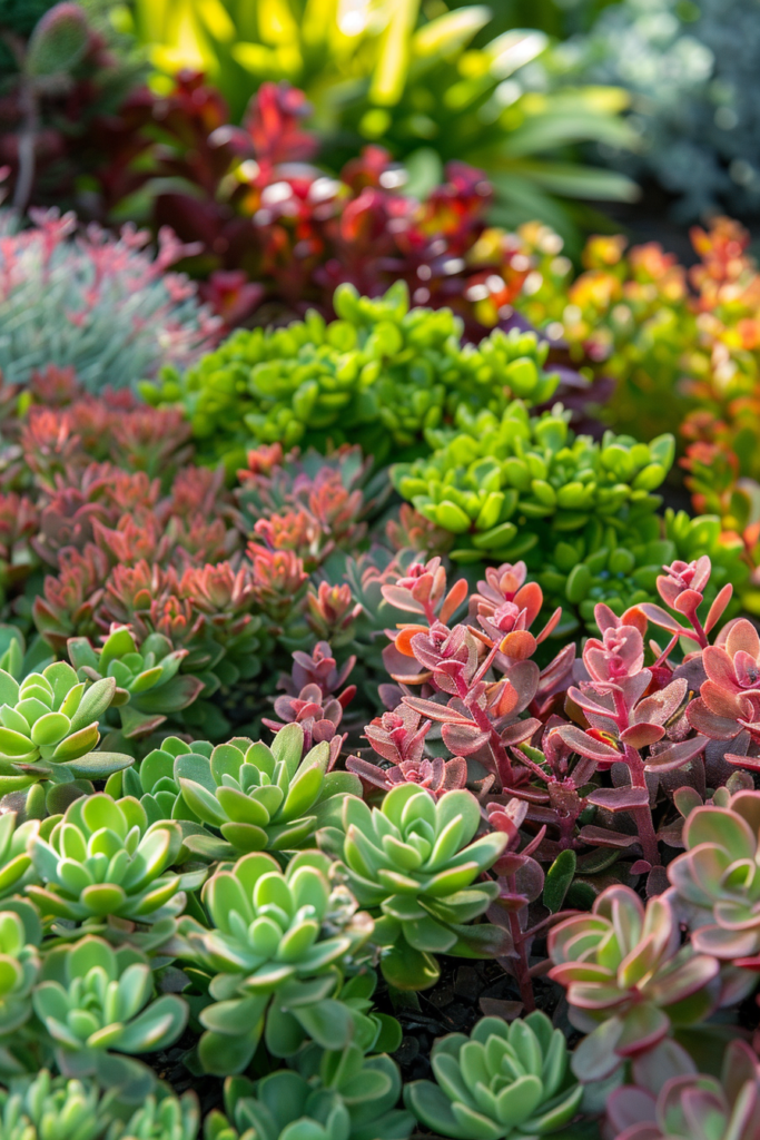 A variety of Sedum succulents with green, red, and pink leaves in a sunny garden.