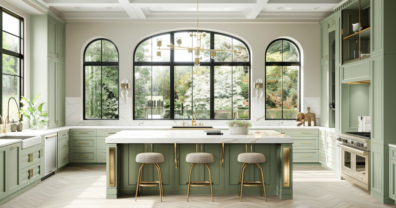 Cuisine élégante avec armoires vert sauge, comptoirs en marbre blanc, et accents dorés, baignée de lumière naturelle grâce à de grandes fenêtres cintrées.