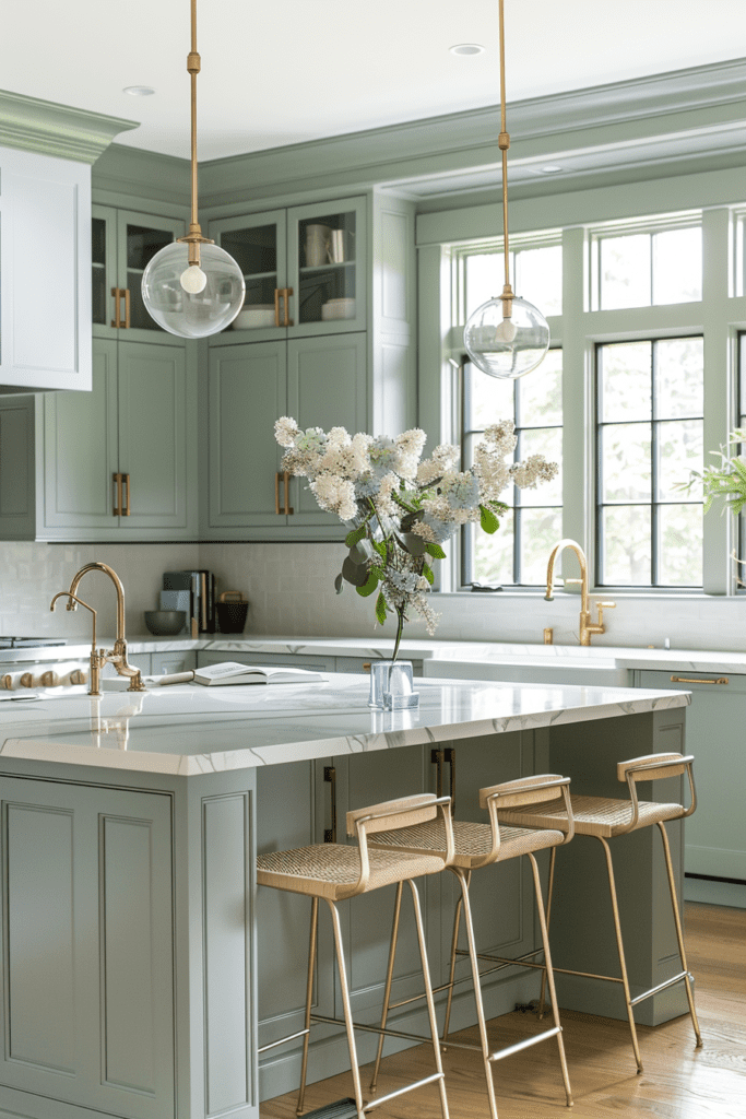 Cuisine moderne avec armoires vert sauge, îlot central et tabourets dorés, avec lumière naturelle et luminaires suspendus.