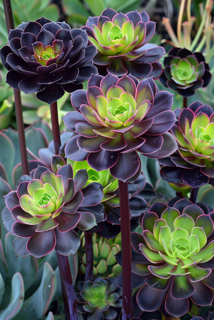 Plantes Aeonium avec des tiges hautes et des rosettes colorées en vert et violet foncé.