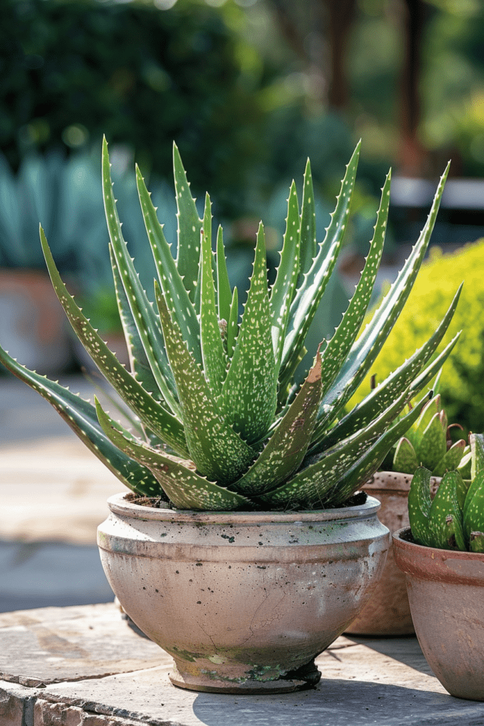 Plante Aloe Vera avec des feuilles vertes épaisses et épineuses dans un pot en céramique rustique.
