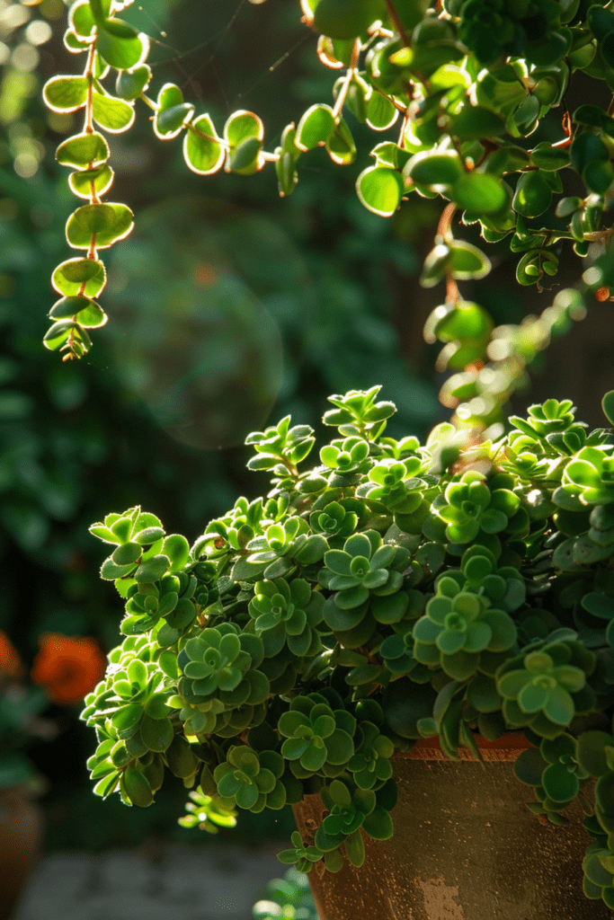 Portulacaria (Pourpier en Arbre) avec de petites feuilles vertes, poussant dans un jardin ensoleillé.
