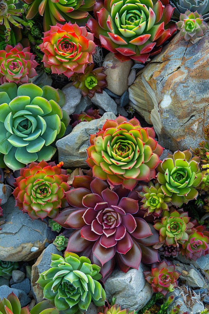 Plantes Sempervivum (Joubarbe) avec des rosettes colorées dans un jardin de roches.