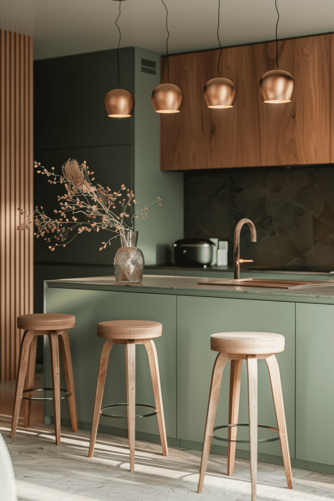 Cuisine avec armoires vert sauge, comptoirs en bois et suspensions cuivrées, décorée de plantes et de tabourets en bois.