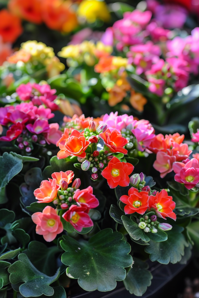 Plante Kalanchoe vibrante avec des fleurs colorées en rouge, rose et orange.