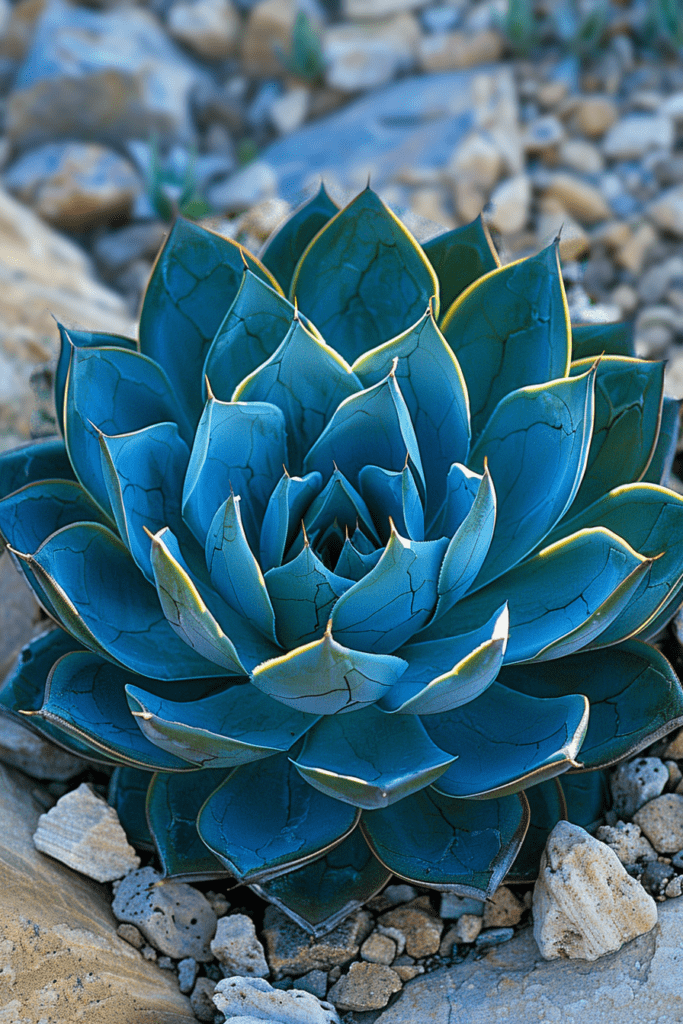 Plante d'Agave avec de grandes feuilles pointues de couleur bleue, disposée dans un jardin de rocaille.