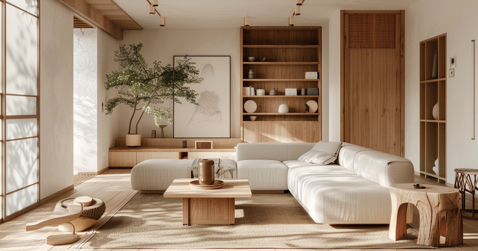 Une déco Japandi sereine avec des meubles en bois minimalistes, un canapé blanc, de la lumière naturelle et des éléments de décoration subtils.