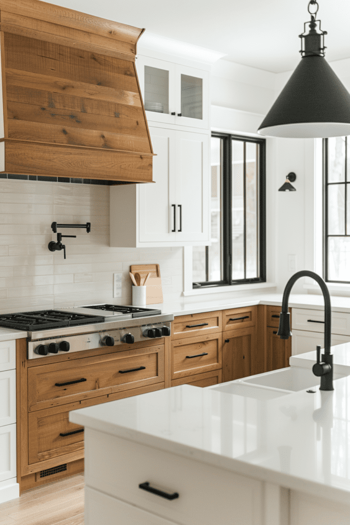 Cuisine sophistiquée blanche et bois avec des accents noirs, des armoires blanches et un plan de travail en bois.