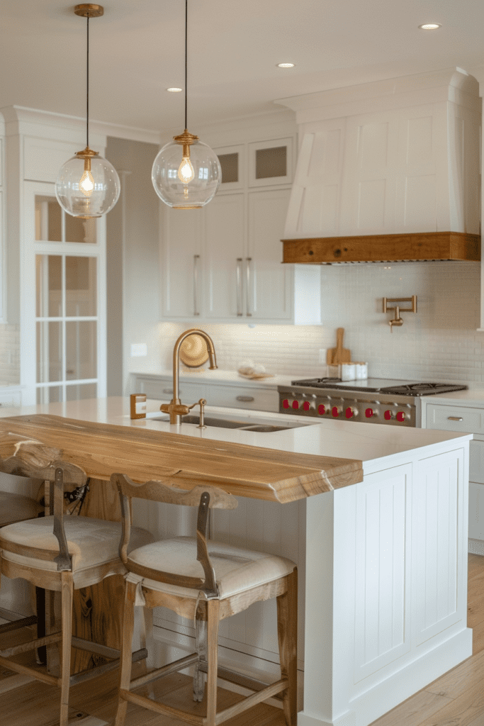 Cuisine blanche et bois illuminée par des suspensions élégantes, avec des tabourets en bois et un plan de travail en bois massif.