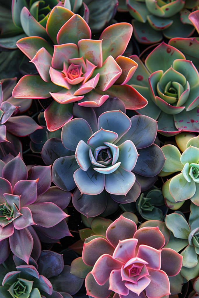 Close-up view of colorful Echeveria succulent rosettes with shades of green, pink, and purple.