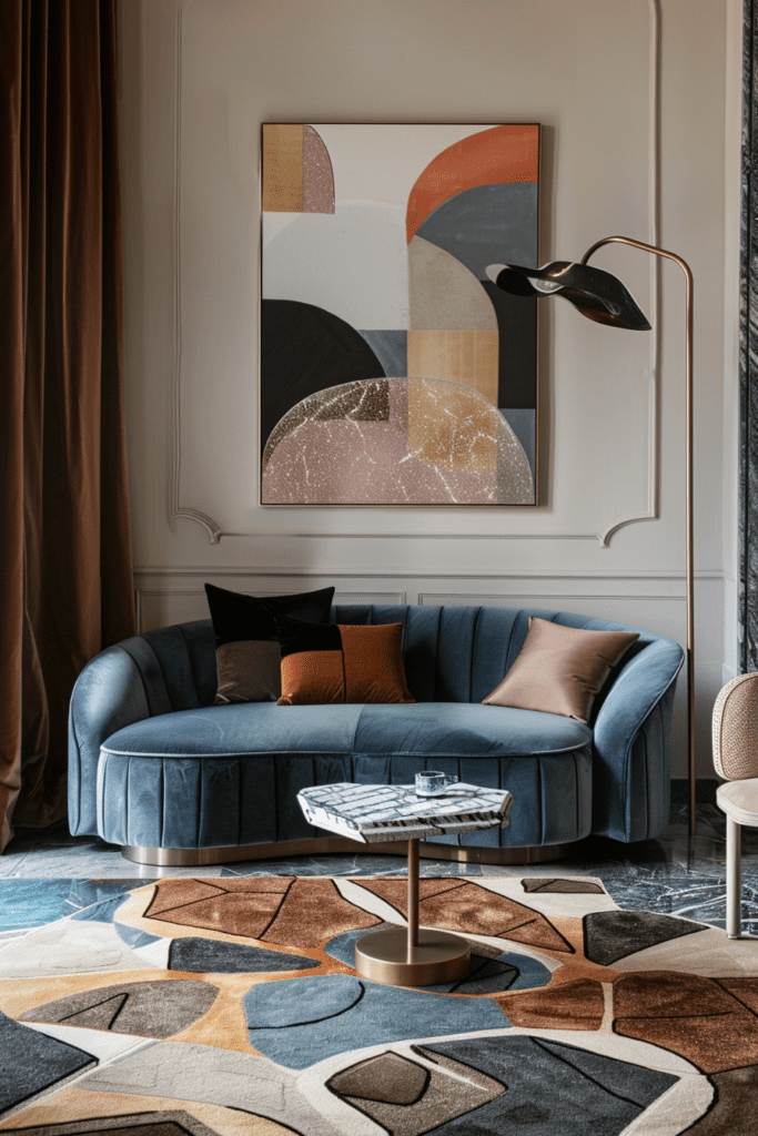 Un salon moderne et chic avec un canapé bleu en velours, des coussins colorés, une table basse en marbre et une œuvre d'art abstraite au mur.