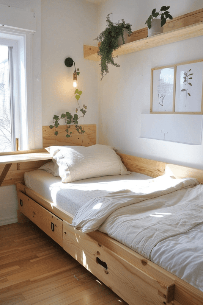 Petite chambre avec lit en bois clair, rangements sous le lit, étagère murale avec plantes, et bureau suspendu.