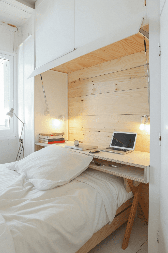 Petite chambre moderne avec un lit en bois clair, des rangements intégrés et un bureau compact.