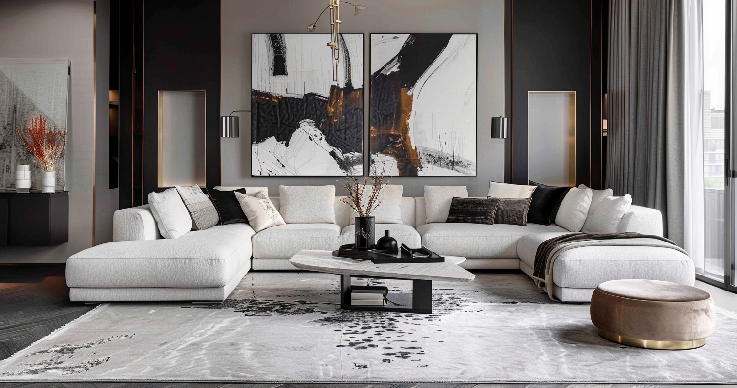 Un salon moderne avec un grand canapé blanc en forme de L, une table basse design en marbre et métal, et des œuvres d'art abstraites en noir et blanc sur le mur.