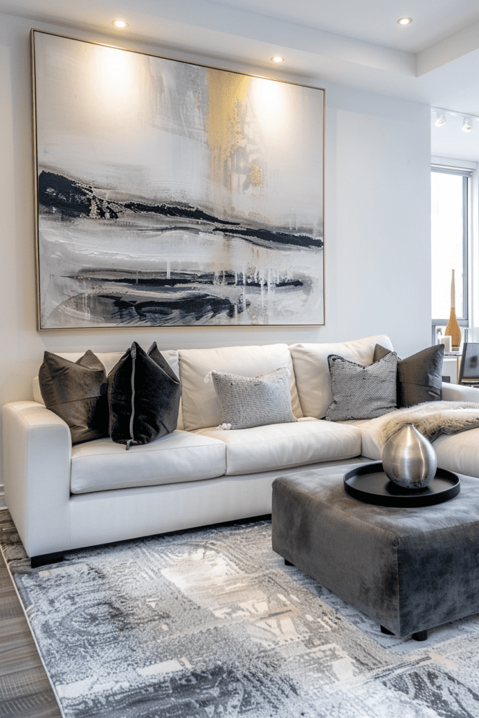 Un salon moderne avec un canapé blanc, une table basse en marbre, des coussins gris et une grande œuvre d'art abstraite en noir et blanc sur le mur.