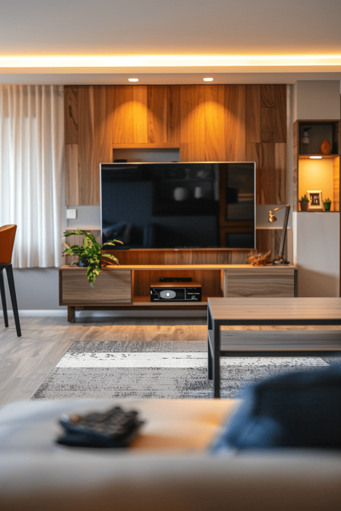 Un salon moderne avec une grande télévision à écran plat, un meuble TV en bois, et un éclairage LED intégré.