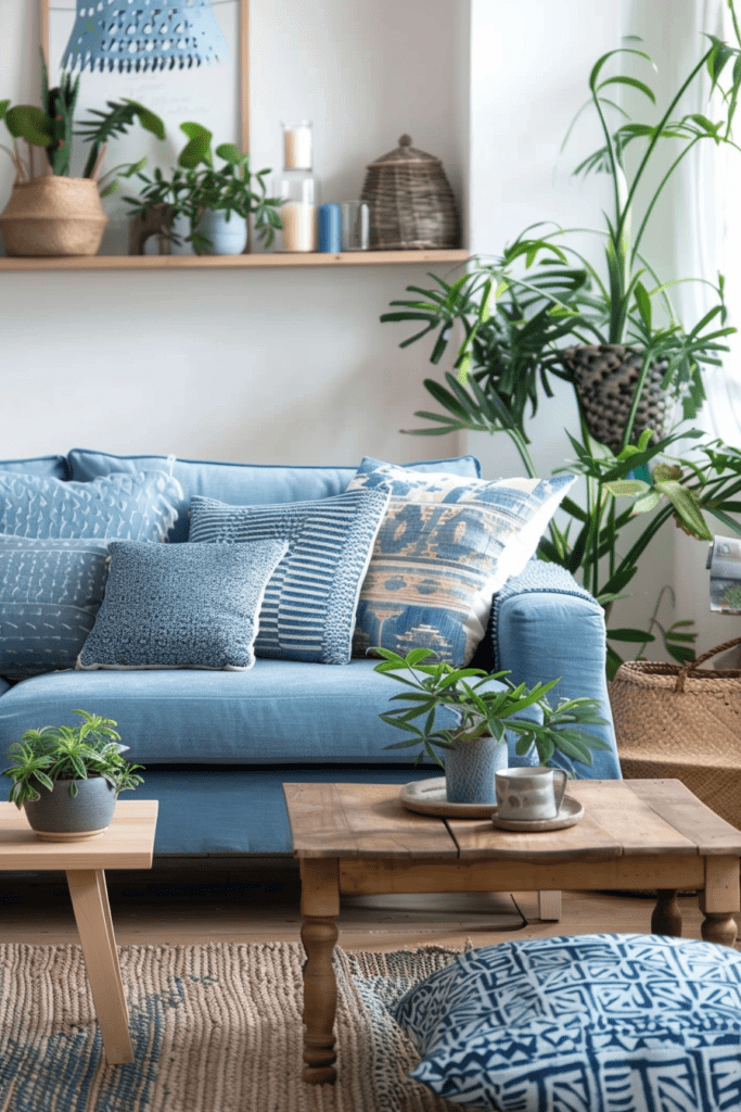 Salon scandinave avec canapé bleu, coussins texturés et plantes vertes.