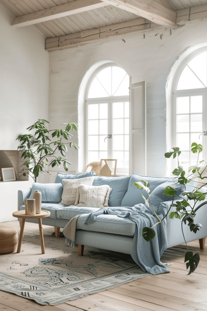 Salon scandinave lumineux avec canapé bleu, grande fenêtre et plantes vertes.