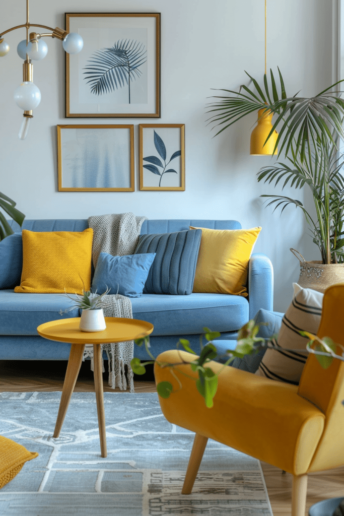 Salon scandinave avec canapé bleu, fauteuil jaune et décoration minimaliste.