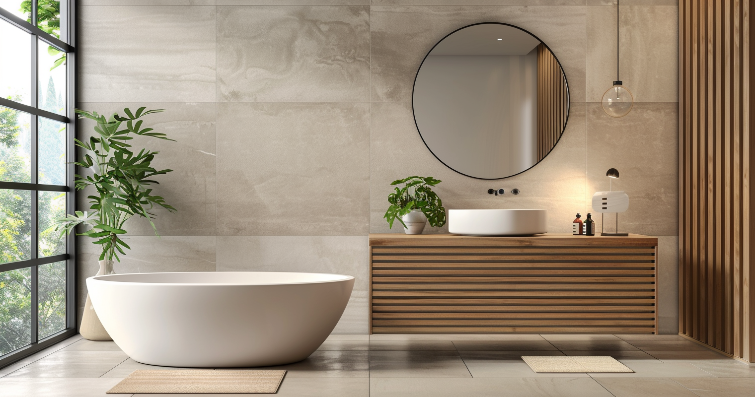 Salle de bain moderne avec une baignoire autoportante, un évier flottant et une grande fenêtre