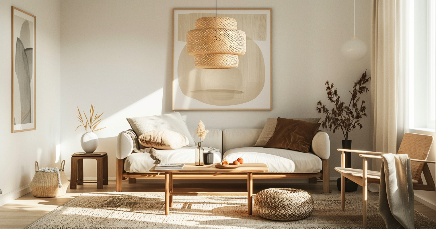 Photo éditoriale d'un salon scandinave élégant avec une suspension en rotin, un canapé beige, des meubles en bois clair, et des accessoires naturels.