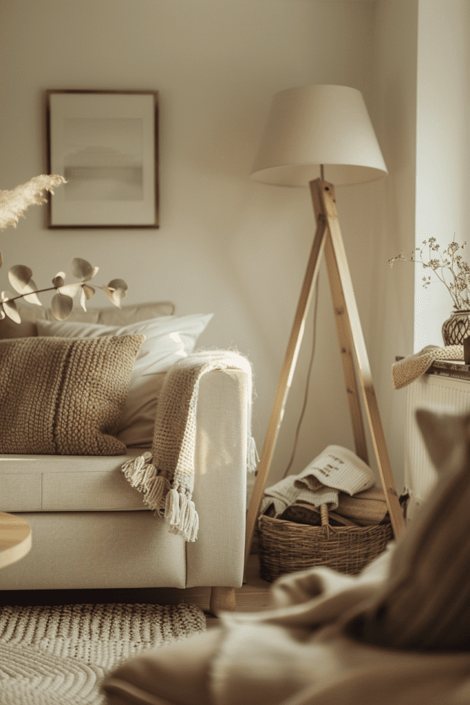 Photo éditoriale d'un salon scandinave confortable avec une lampe sur pied en bois, un canapé beige avec des coussins en laine, et des accessoires naturels.