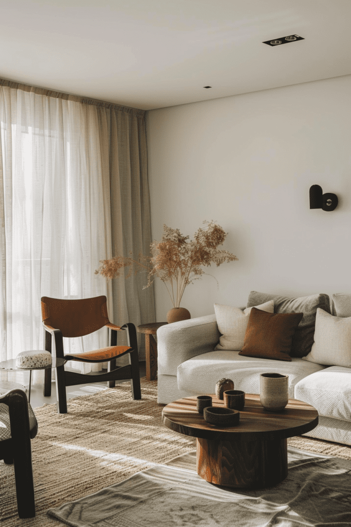 Photo éditoriale d'un salon moderne scandinave avec des meubles en bois, des rideaux légers, et une abondance de lumière naturelle.