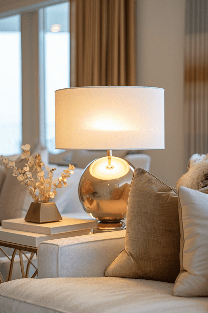 Photo éditoriale d'un salon chic moderne avec une lampe de table en laiton, des coussins beiges, et une décoration élégante.