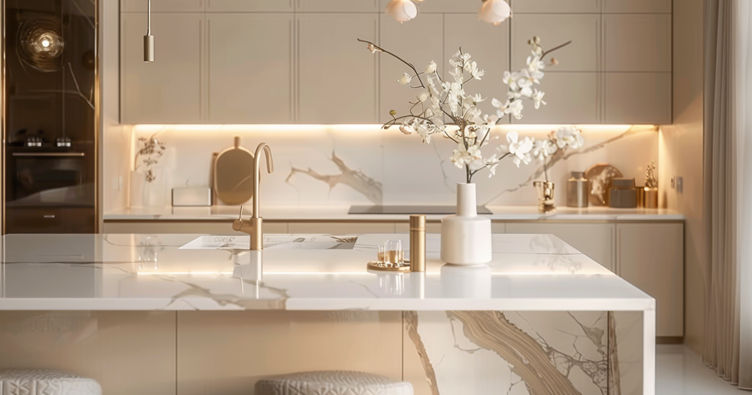 Cuisine moderne beige avec îlot central en marbre, robinetterie dorée et décoration florale blanche.