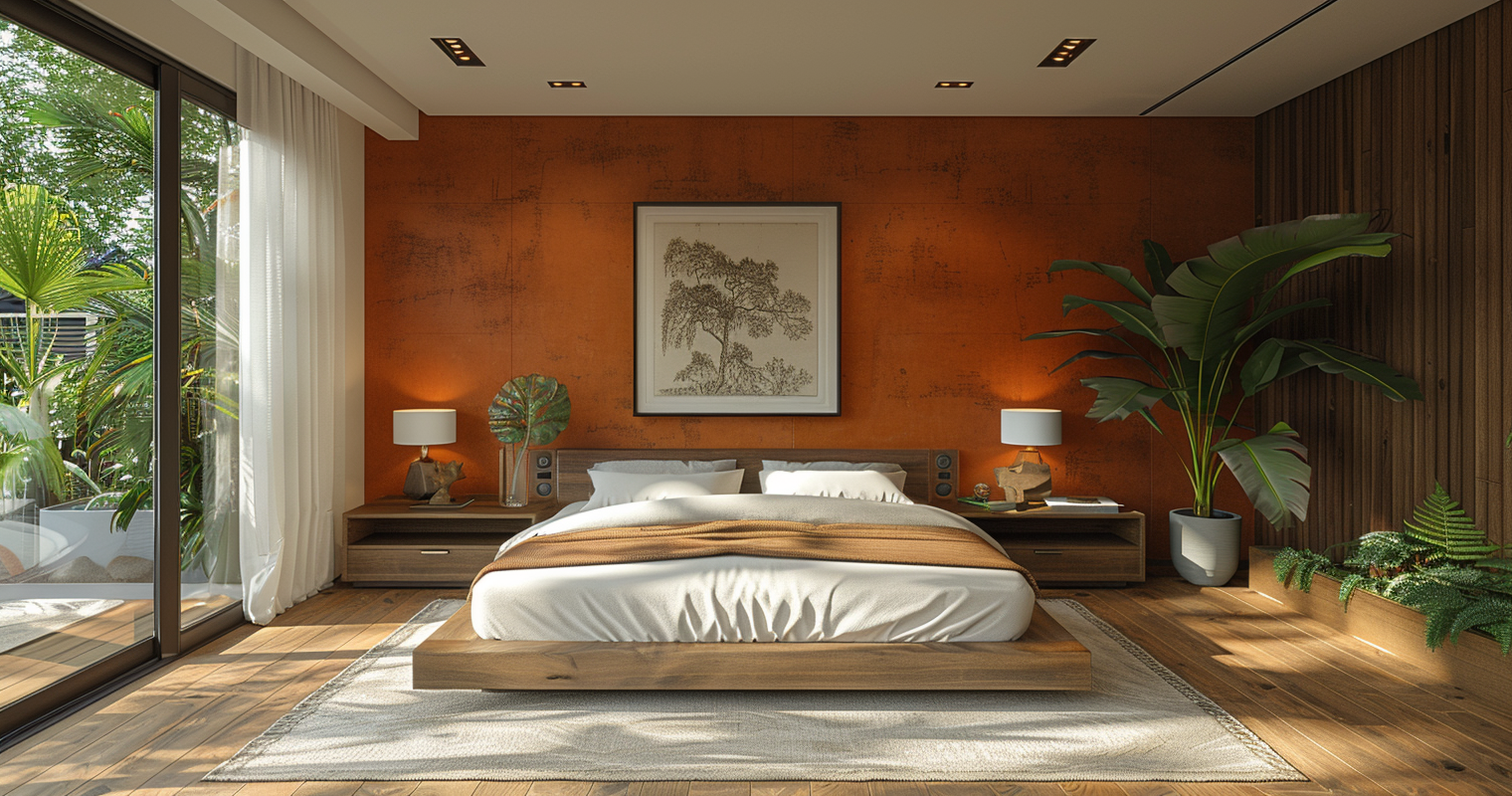 Chambre moderne avec un mur accent terracotta, lit en bois, et grandes plantes vertes.
