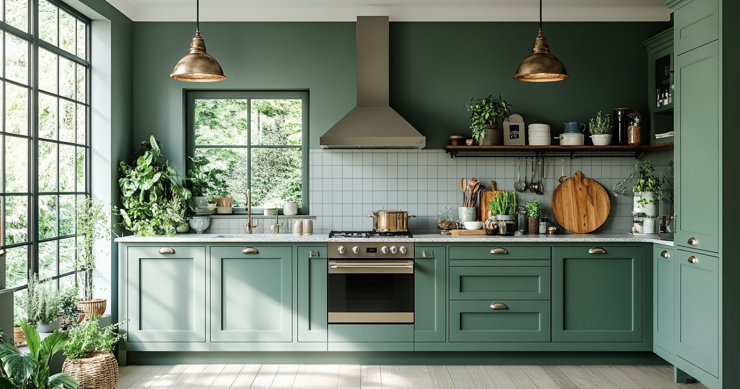 Cuisine scandinave verte et grise baignée de lumière naturelle, avec des plantes, des accents boisés et des détails en métal.