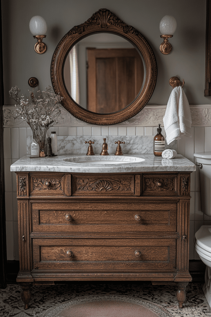 Meuble vasque en bois sculpté avec un miroir rond encadré dans une salle de bain rétro.