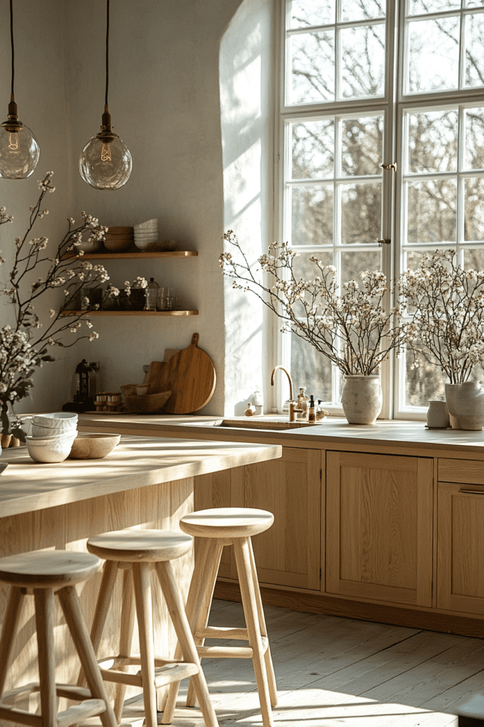 Cuisine lumineuse avec bois clair, suspensions en verre et branches de fleurs.