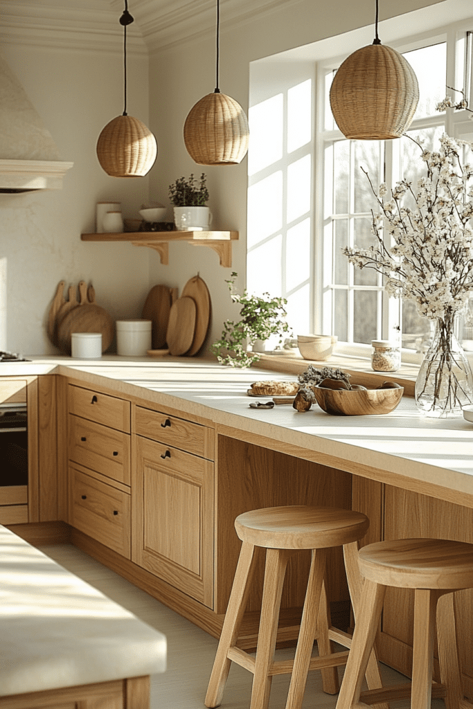 Cuisine en bois clair avec suspensions en rotin et grande fenêtre.